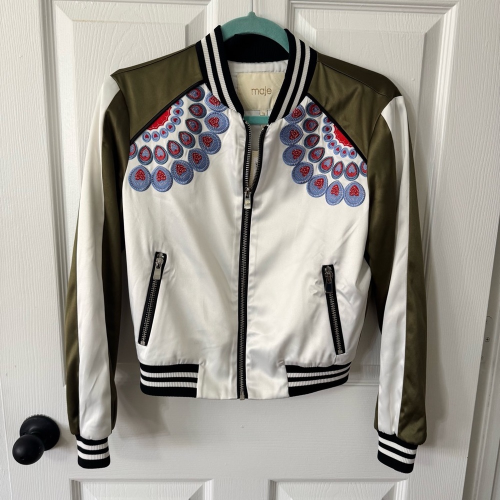 Maje White and Olive Embroidered Bomber Jacket